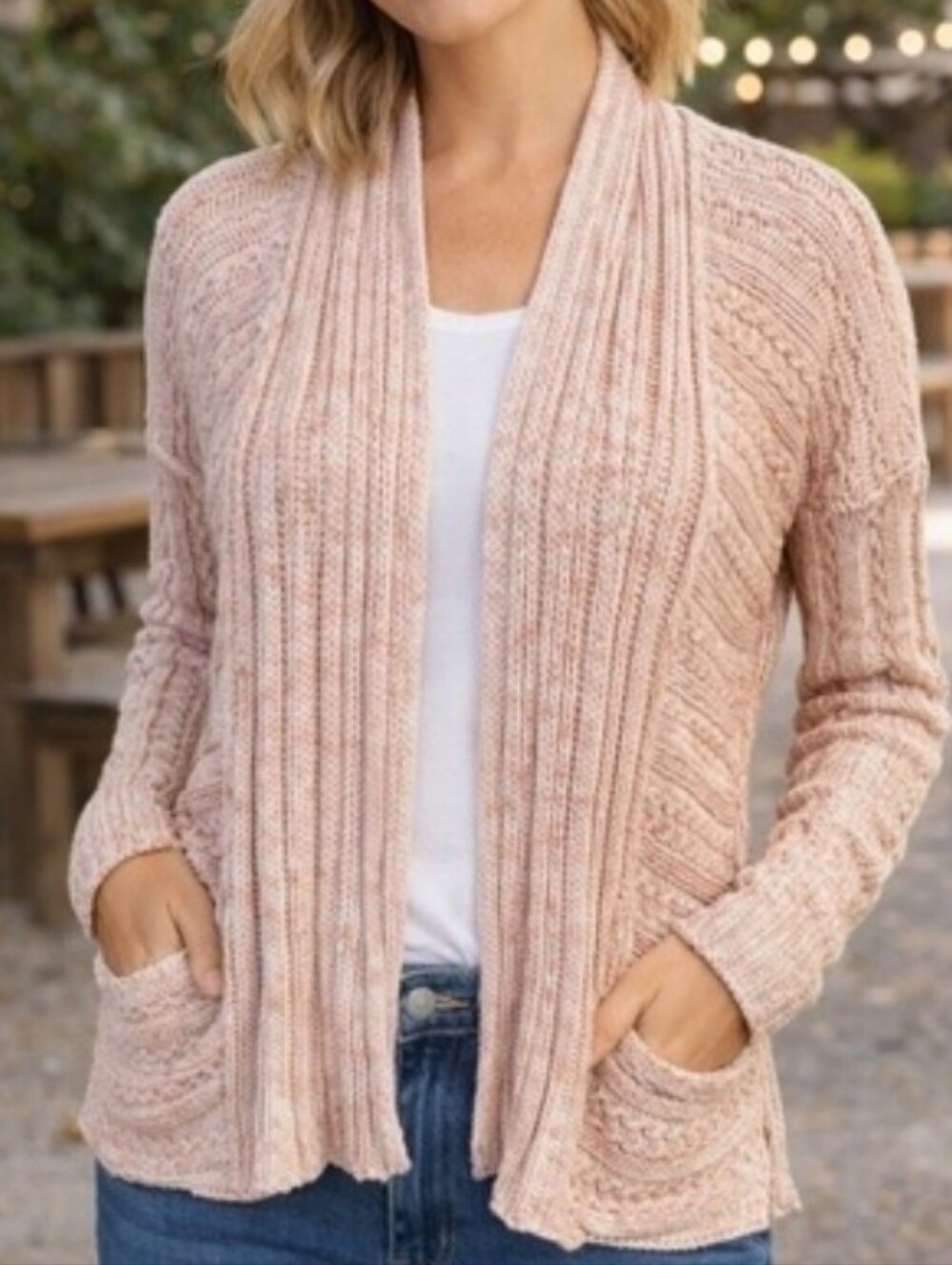 Free People Open-Front Marled Cotton Pointelle Cardigan Sweater Size S